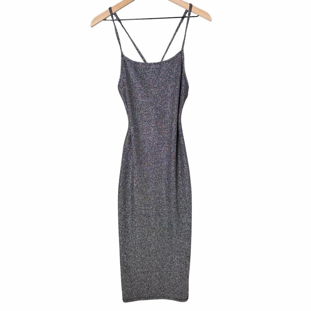 Magia USA Black Silver Shimmer Maxi Dress Cross Cross Back Women’s Size L